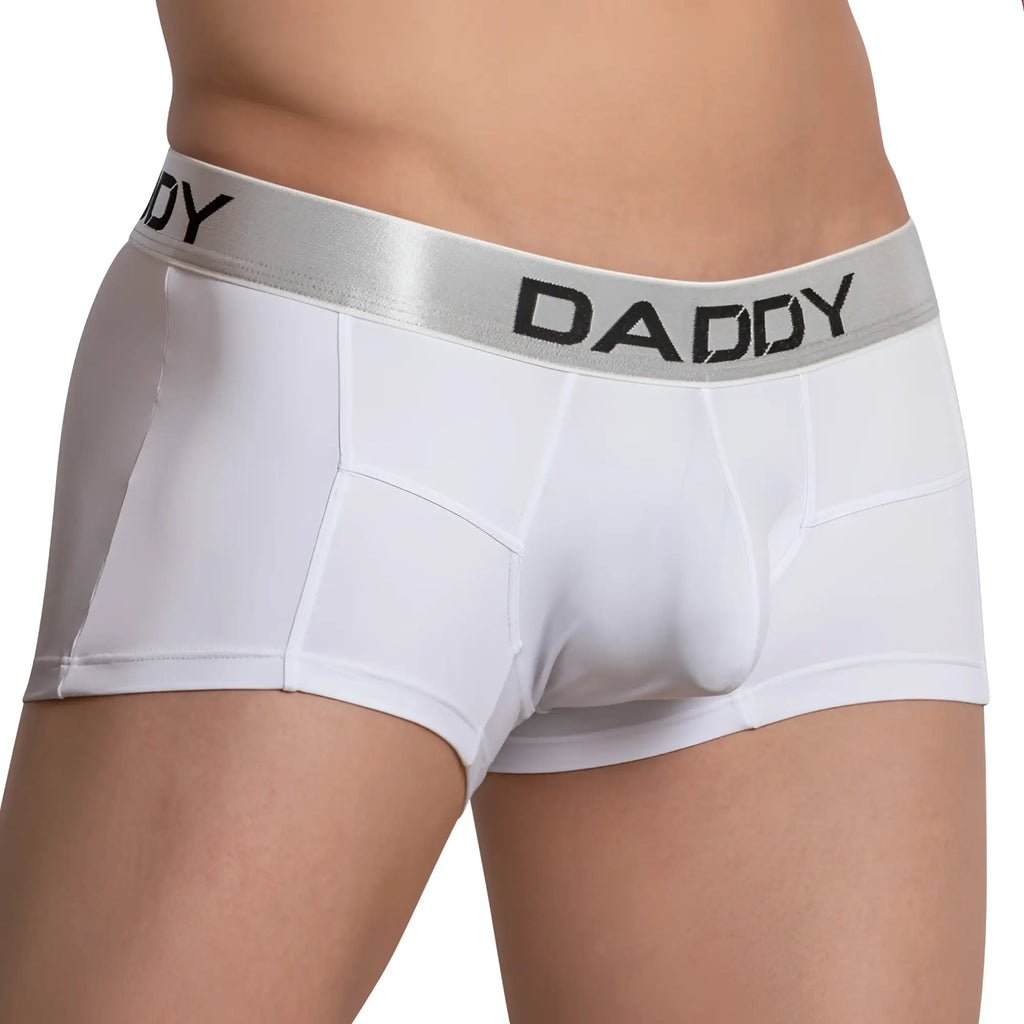 White men’s cotton boxer briefs with silver waistband and black daddy lettering daddyddg009 boxer brief