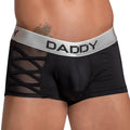 Black mens boxer briefs daddy ddg010 with silver waistband and bold daddy lettering featuring sheer mesh side panels