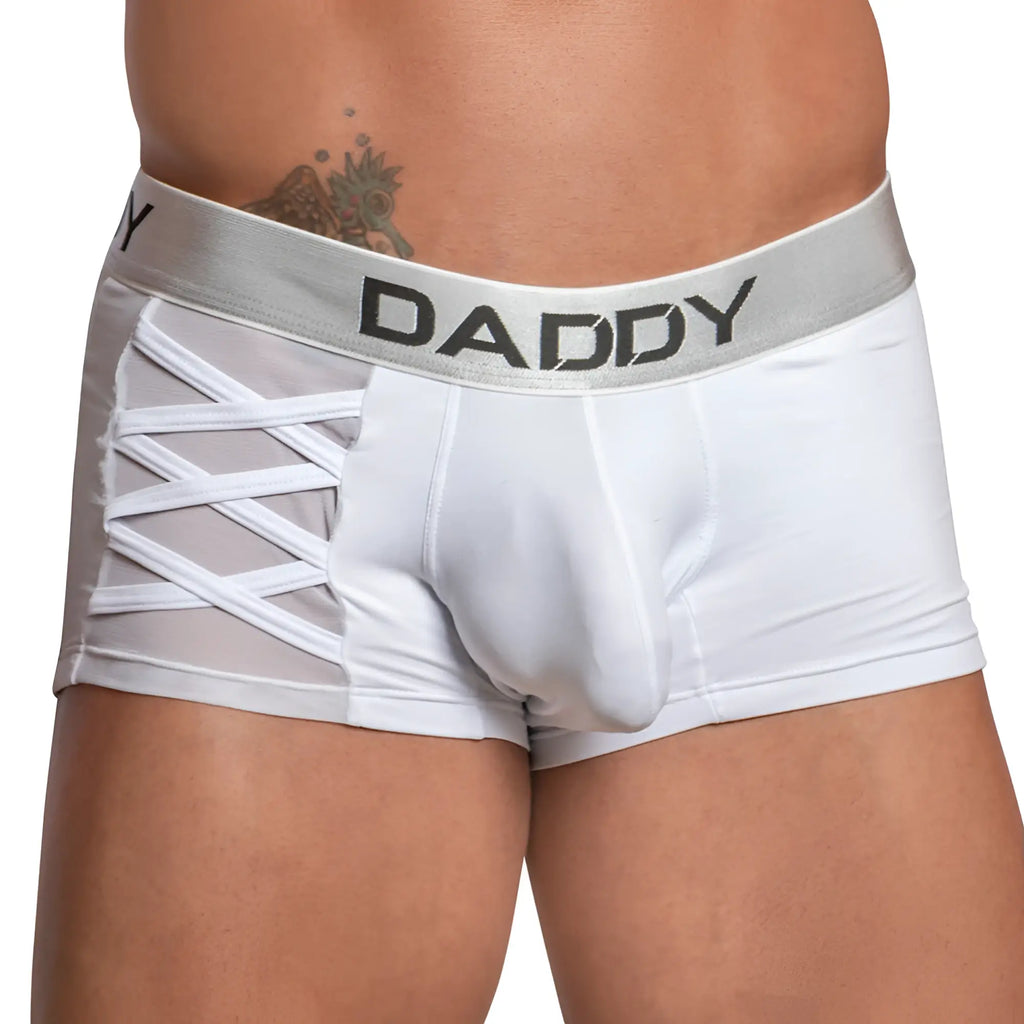 White men’s boxer briefs daddy DDG010 with gray waistband black lettering and white lace-up side detailing