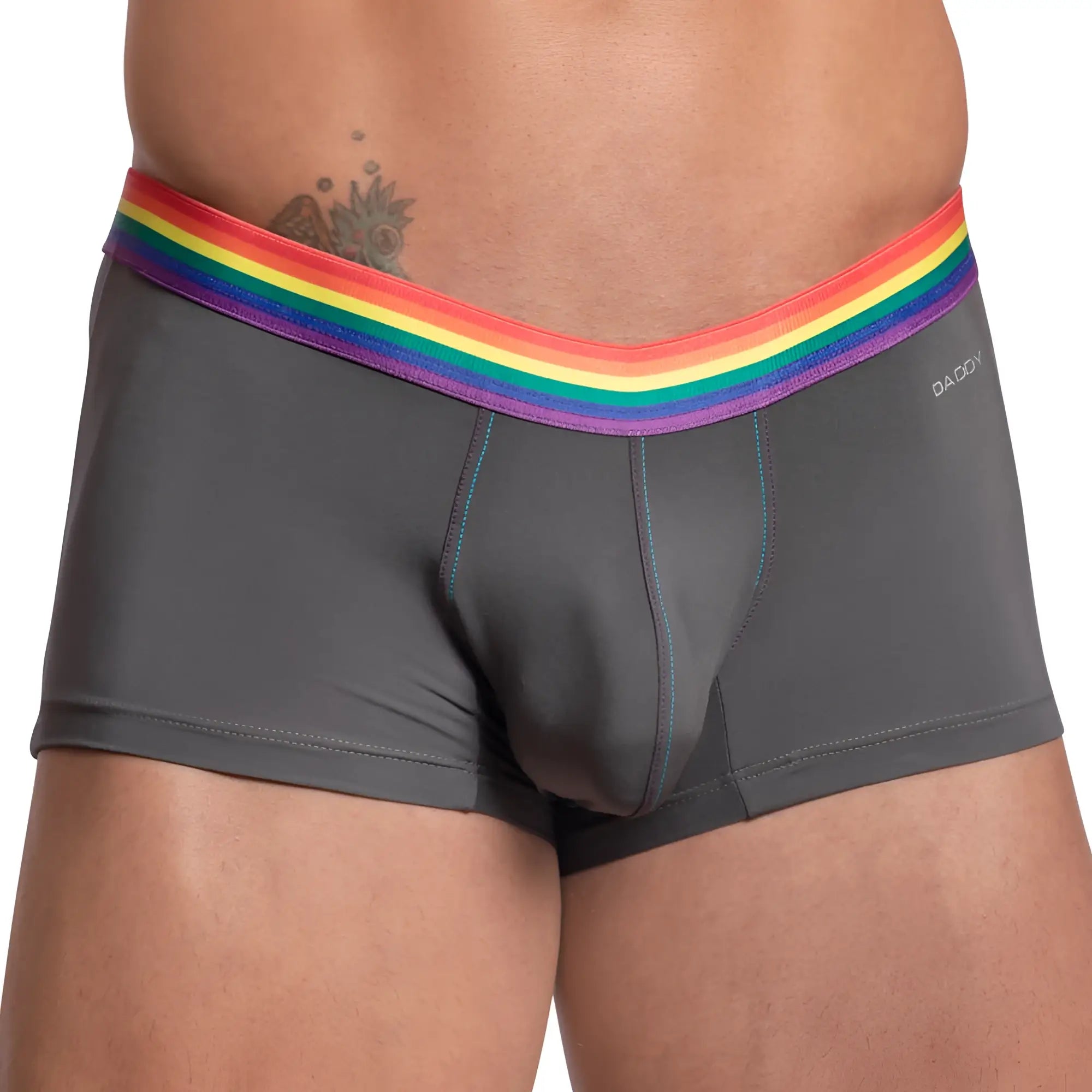 Gray daddy ddg011 boxer briefs with vibrant rainbow elastic waistband and subtle blue stitching visible from the front