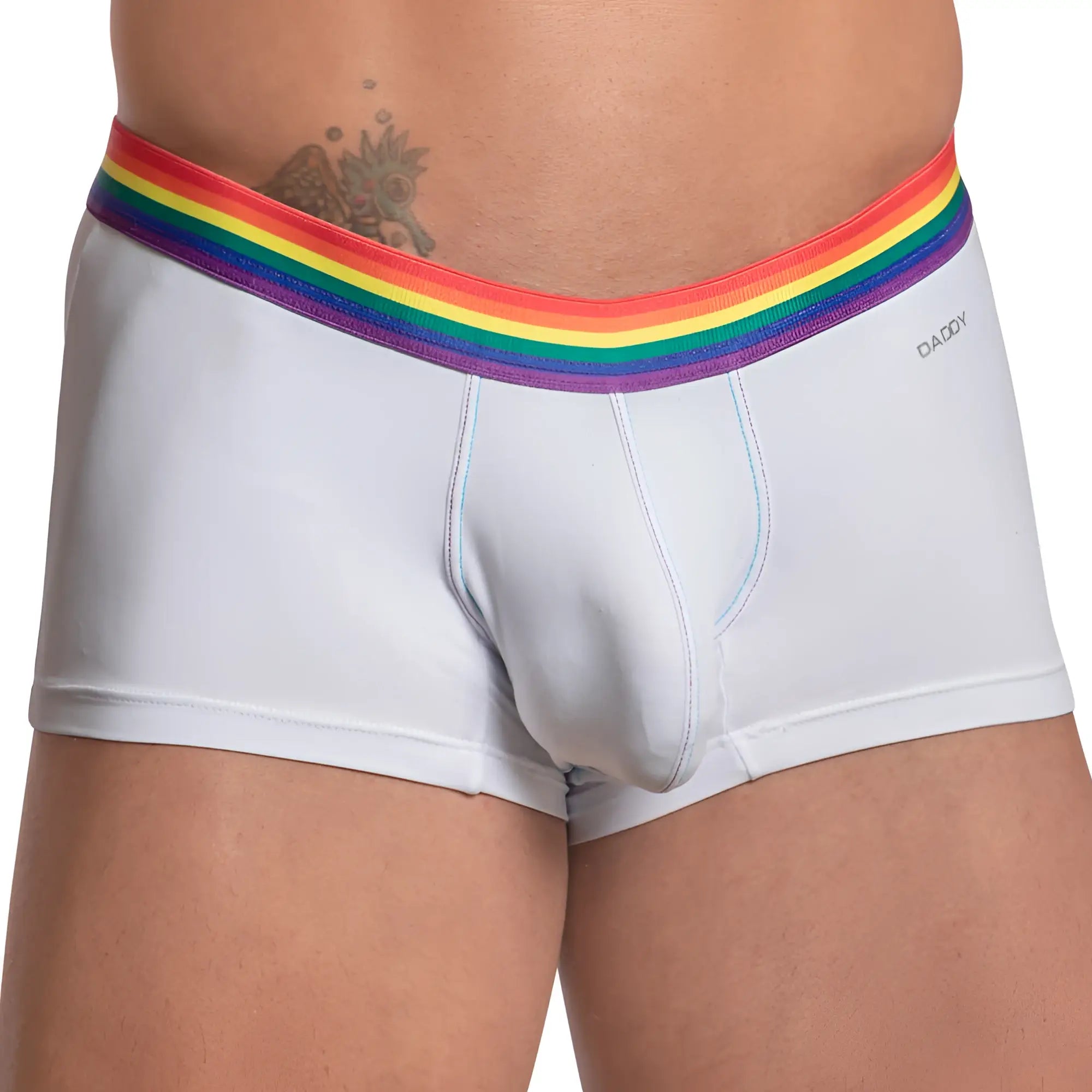 White daddy brand briefs with rainbow-striped elastic waistband in daddy ddg011 boxer style