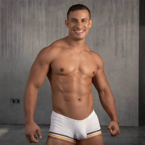 White Daddy DDG012 boxer trunk briefs with striped yellow red and black waistband for athletic wear