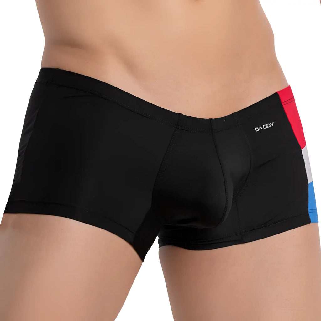 Black daddy brand briefs with bold red white and blue striped side panel daddy ddg013 boxer trunk design