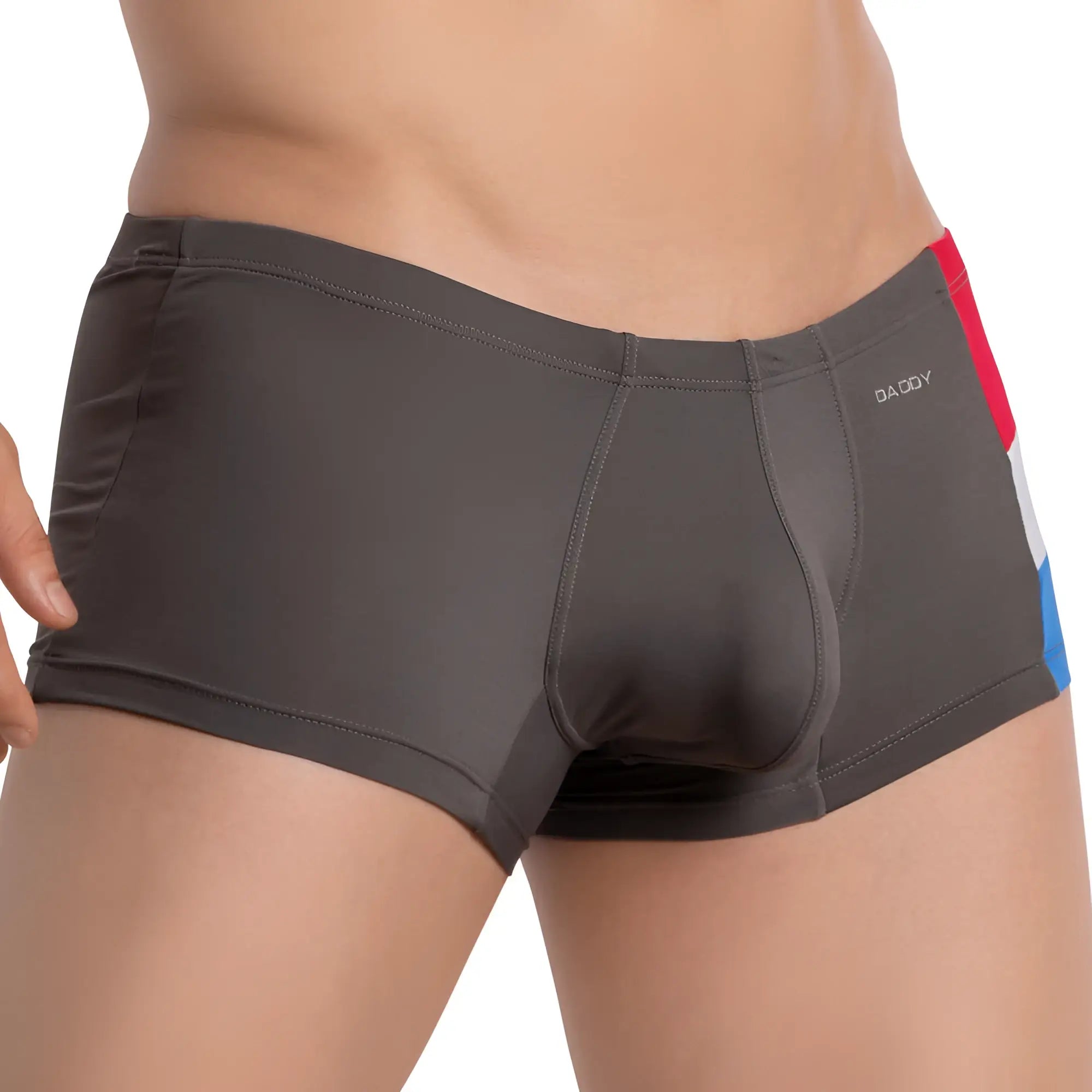 Dark gray daddy ddg013 boxer trunk briefs with red white and blue striped side accent for men
