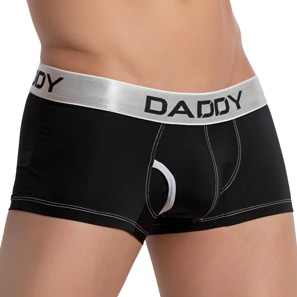Black men’s boxer briefs daddy DDG014 with silver waistband bold black lettering and white stitching along seams