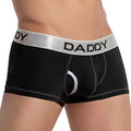 Black men’s boxer briefs daddy DDG014 with silver waistband bold black lettering and white stitching along seams