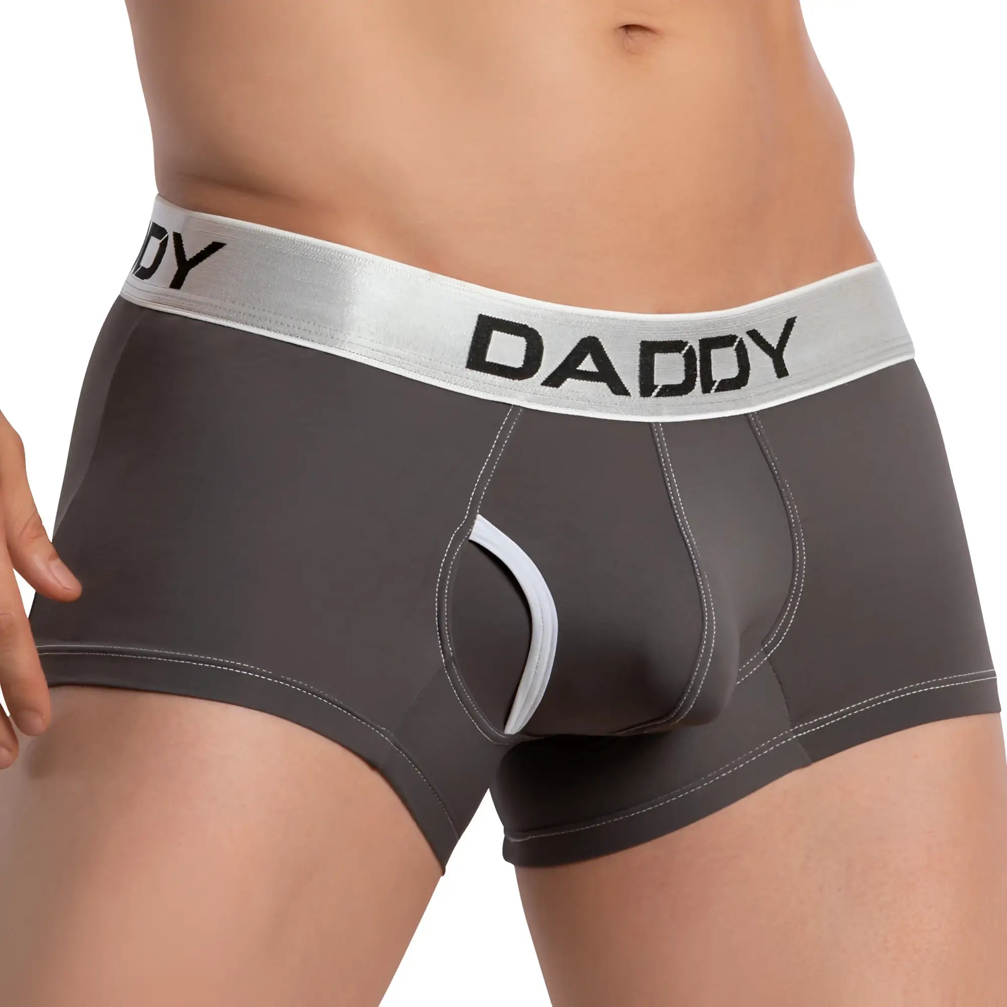 Gray daddy brand briefs with silver waistband and white stitching in daddy DDG014 boxer trunk style front view