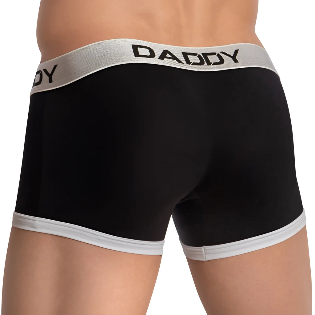 Black daddy brand daddy ddg015 boxer brief with silver waistband and white trim showing front side design