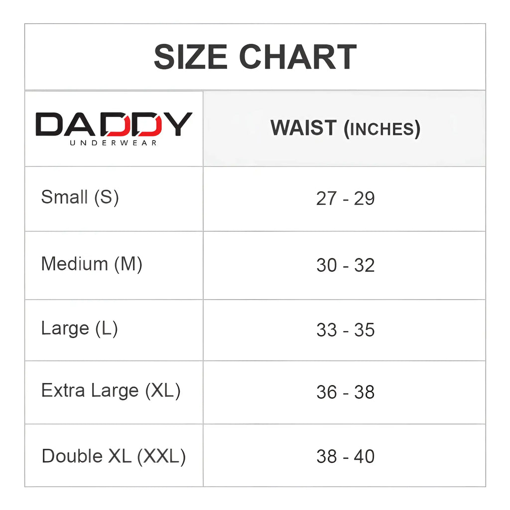 Daddy DDG015 boxer brief size chart showing waist measurements for small to double XL underwear sizes