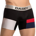 Black white and red striped men’s daddy ddg018 boxer briefs with a silver waistband and bold black lettering