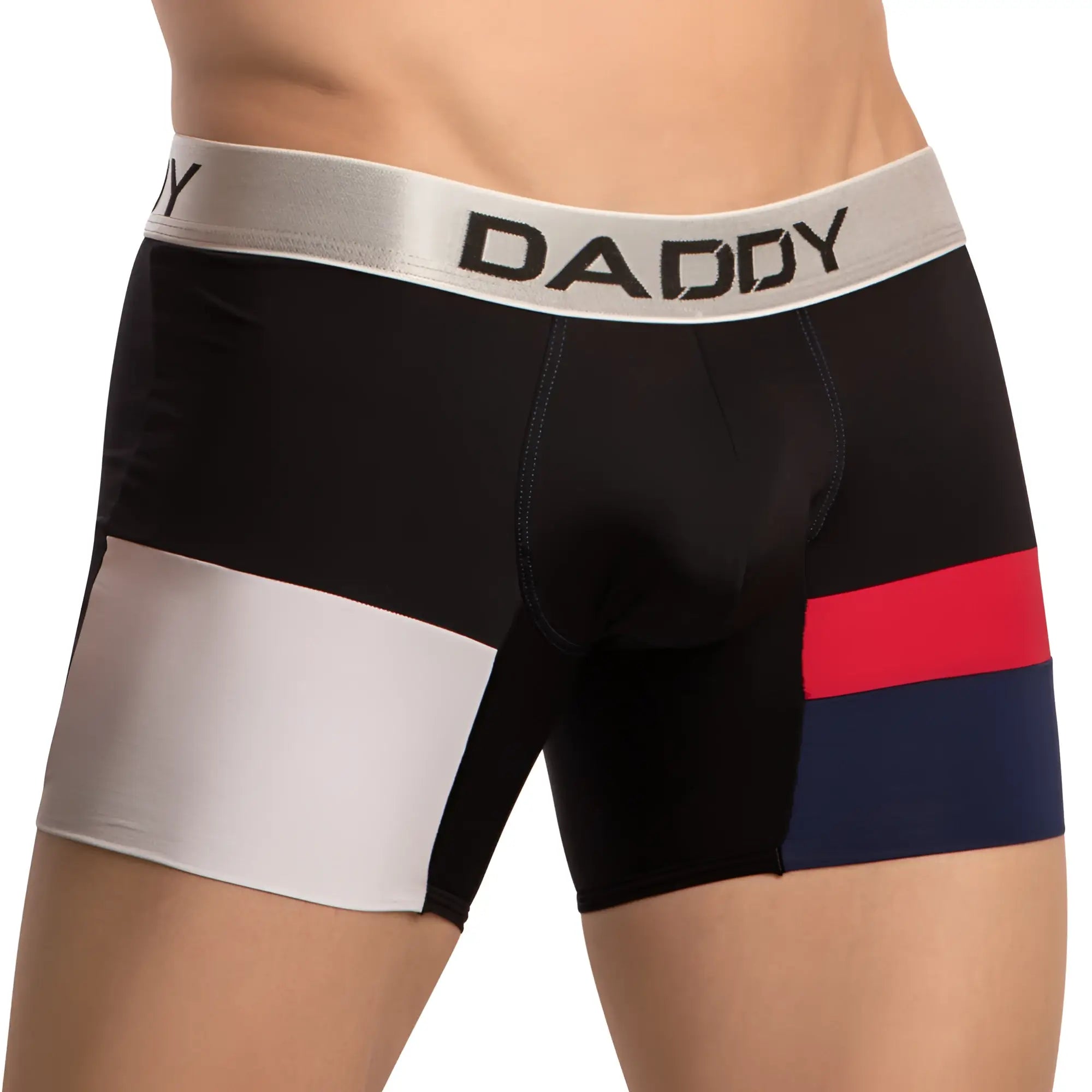 Black white and red striped men’s daddy ddg018 boxer briefs with a silver waistband and bold black lettering