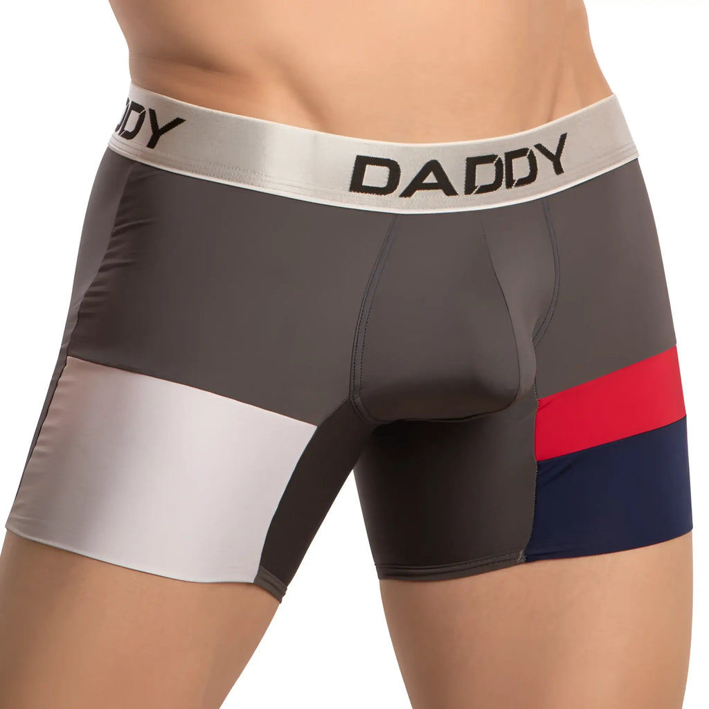 Gray red and navy blue men’s daddy ddg018 boxer briefs with a silver waistband featuring black daddy lettering