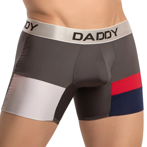 Gray red and navy blue men’s daddy ddg018 boxer briefs with a silver waistband featuring black daddy lettering