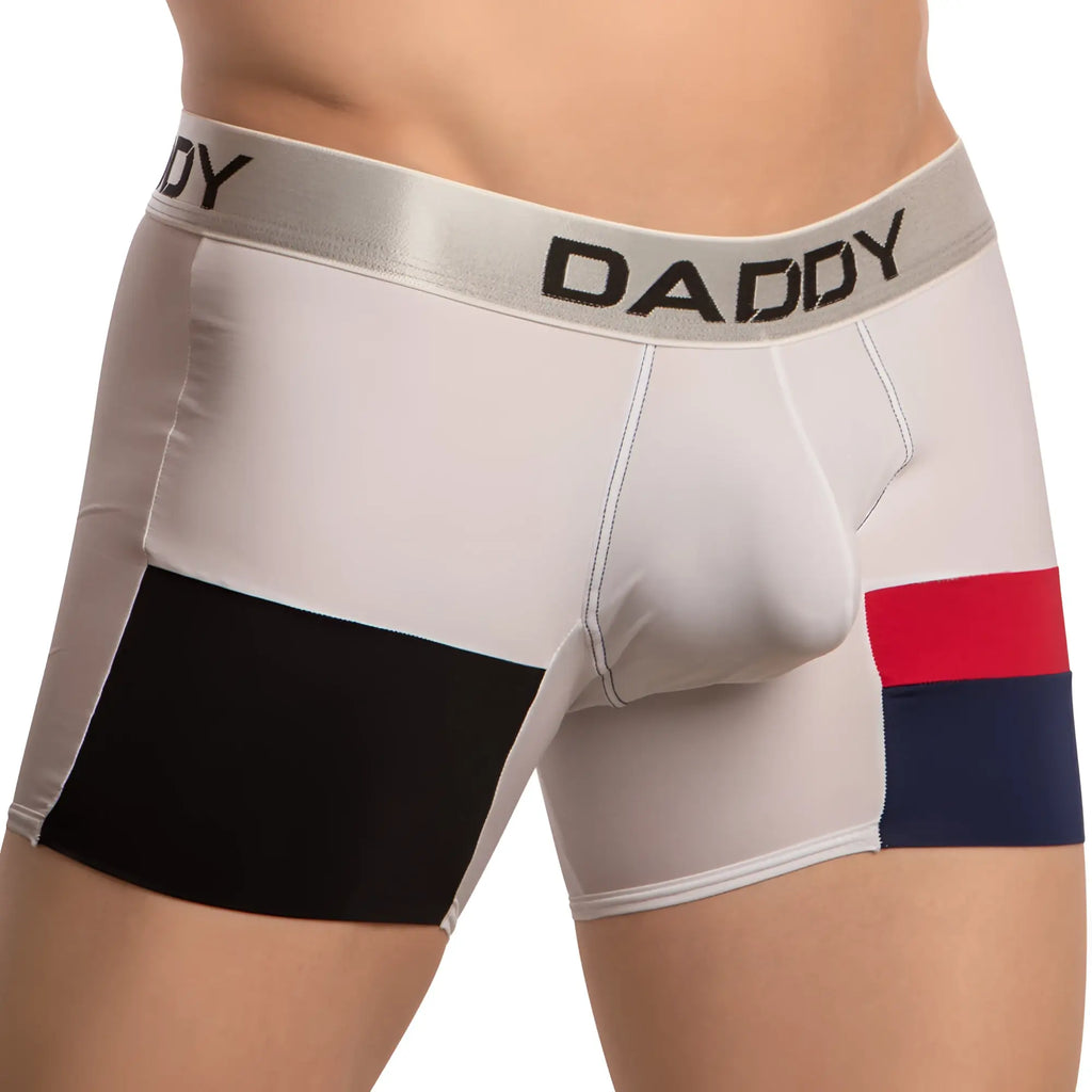 White black and red men’s Daddy DDG018 boxer briefs with silver waistband featuring bold black daddy lettering