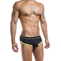 Daddy ddi005 bikini brief in black swim trunks with bright yellow trim and subtle textured waistband pattern