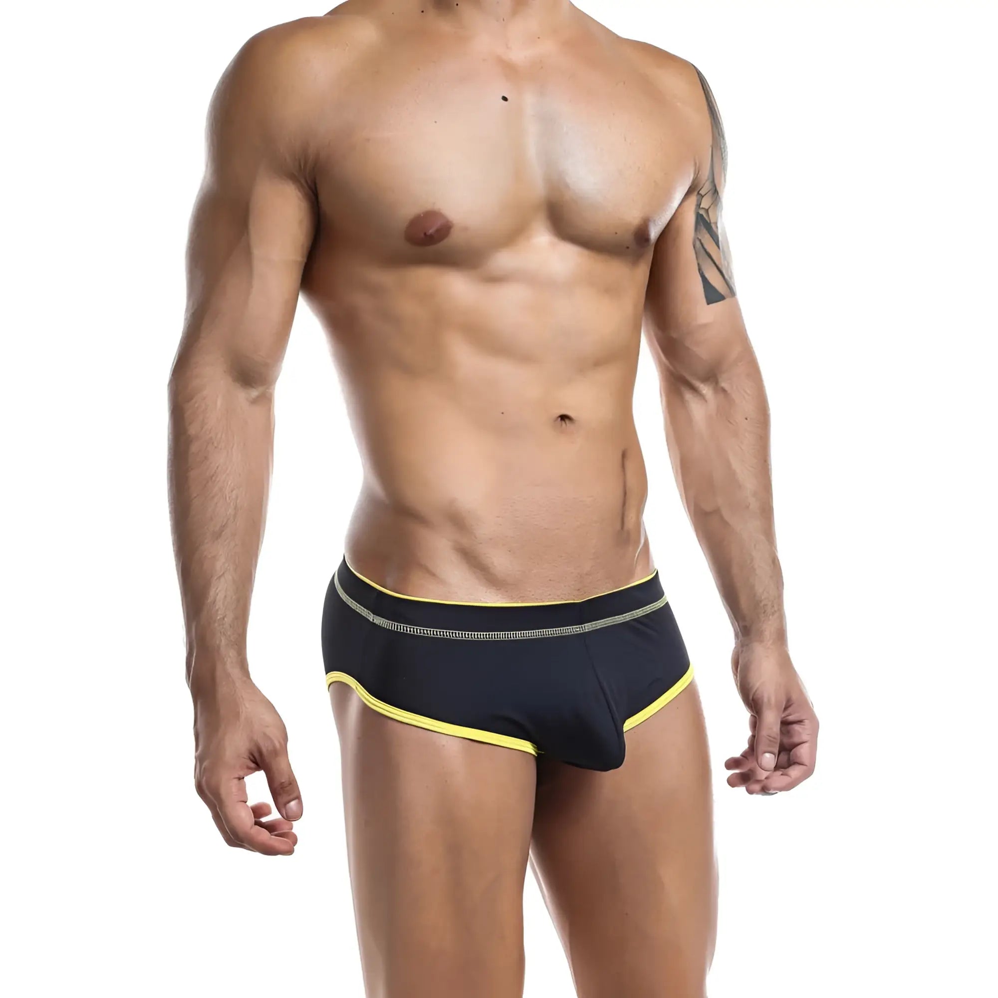 Daddy ddi005 bikini brief in black swim trunks with bright yellow trim and subtle textured waistband pattern