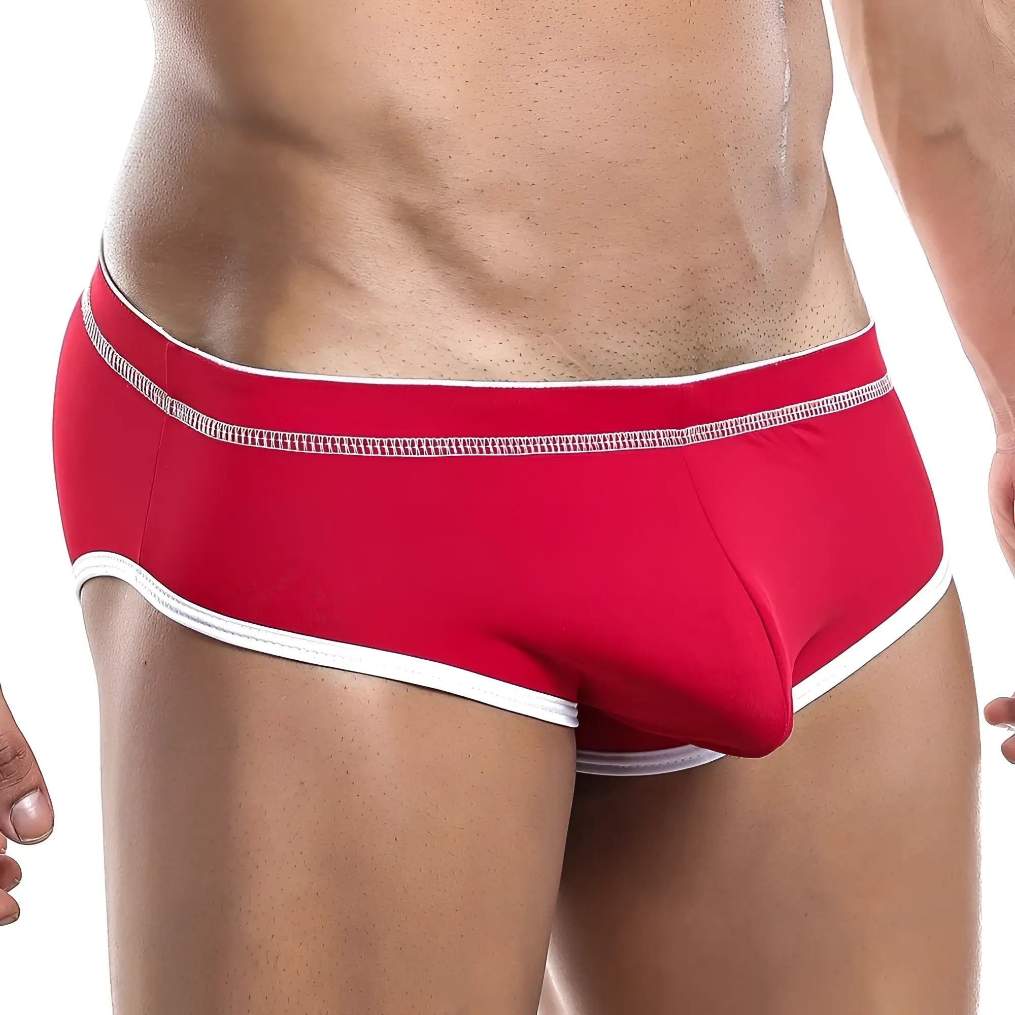 Red Daddy DDI005 bikini brief with white trim and textured stitch detail on waistband in men’s briefs style