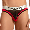 Red and black sheer thong bikini brief with silver waistband featuring bold black daddy lettering front view
