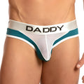 Teal and white mesh thong bikini brief with daddy branding on the waistband shown from the back side