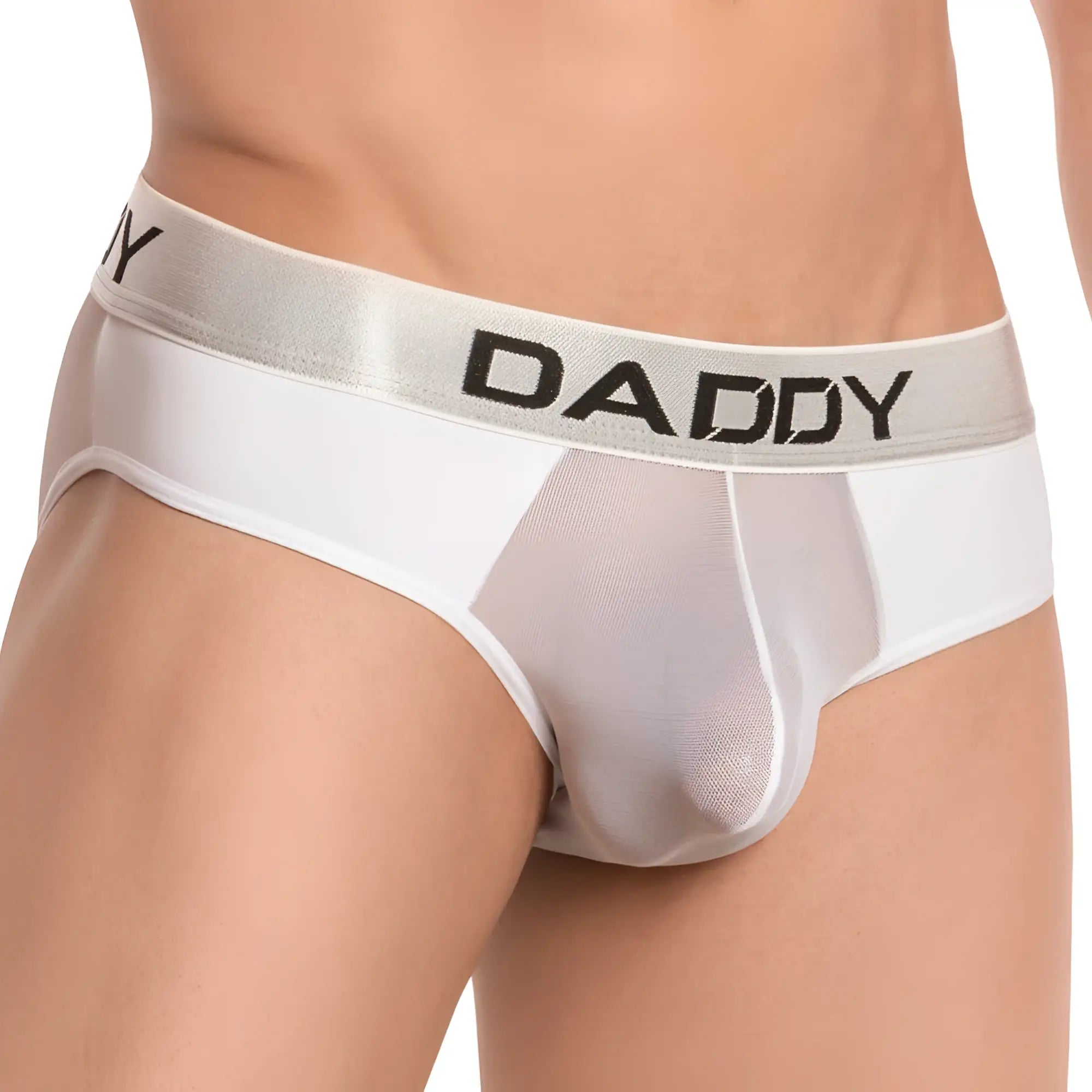 White daddy brand men’s daddy ddi015 bikini brief with silver waistband and white mesh panel front view