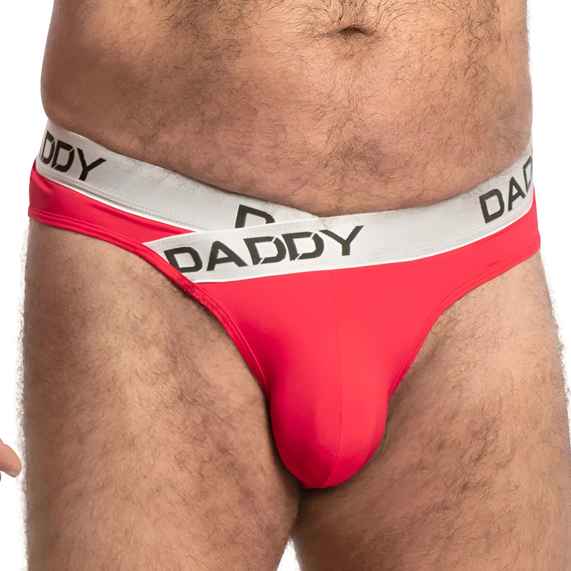 Red daddy brand briefs in red with a white elastic waistband featuring black lettering from daddy ddi016 jockstrap collection