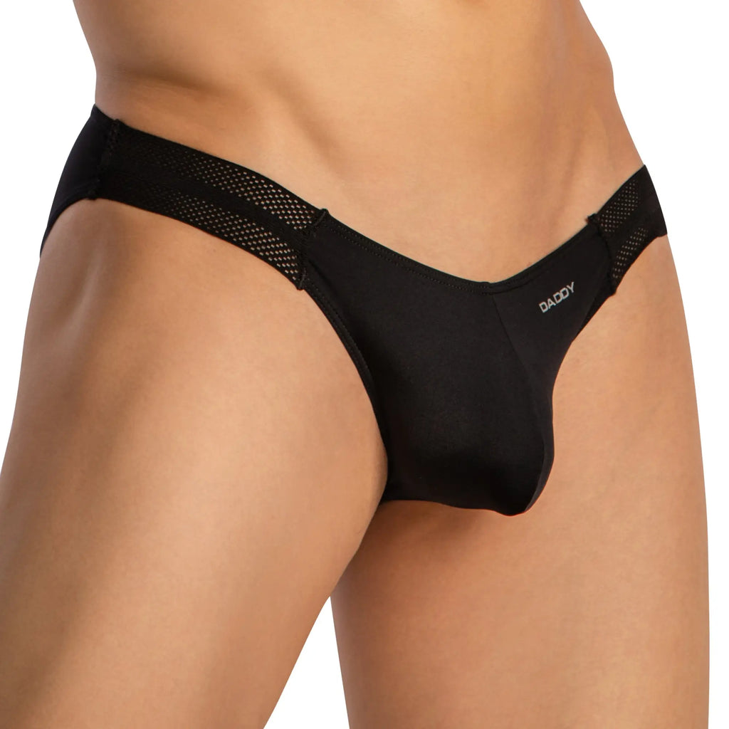 Black daddy brand bikini briefs with mesh side panels designed for comfort and breathability
