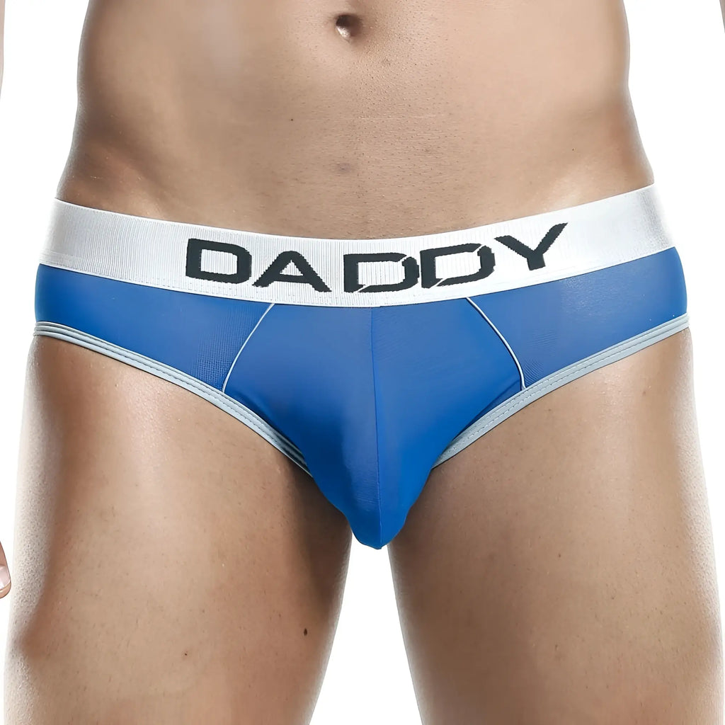 Blue mesh daddy brand bikini briefs with white waistband and black lettering in daddy ddj001 style