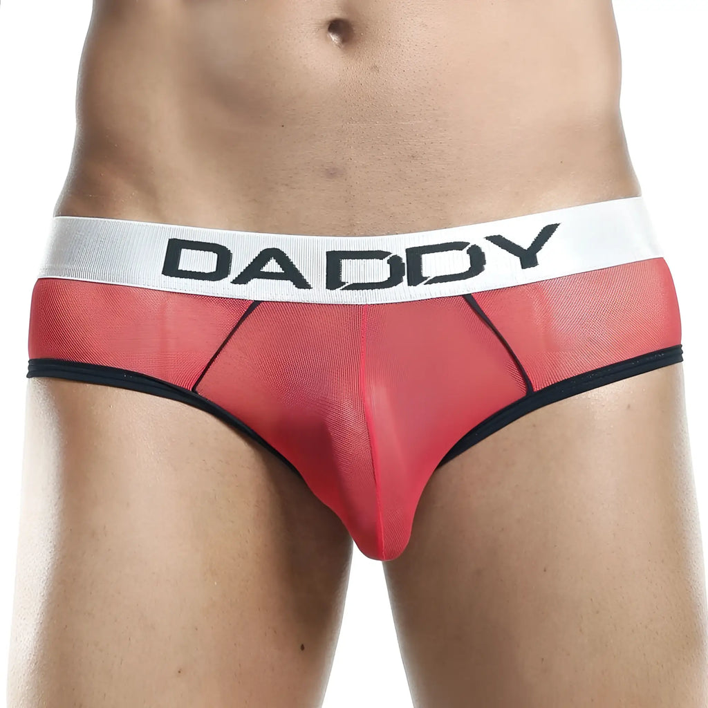 Red mesh men’s daddy ddj001 bikini brief with white waistband and black daddy lettering on the front