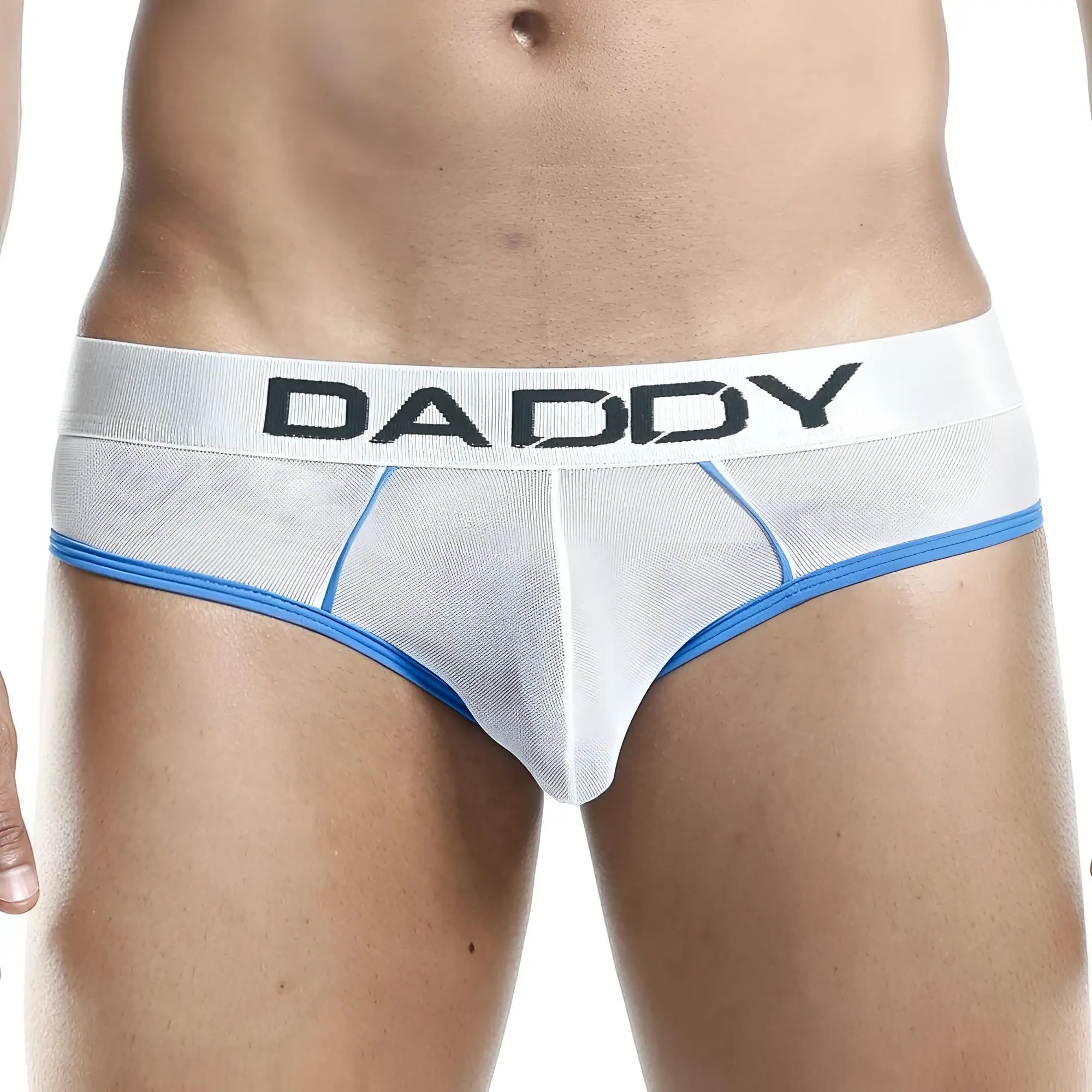 White mesh daddy ddj001 bikini briefs with blue trim and black lettering showing front view