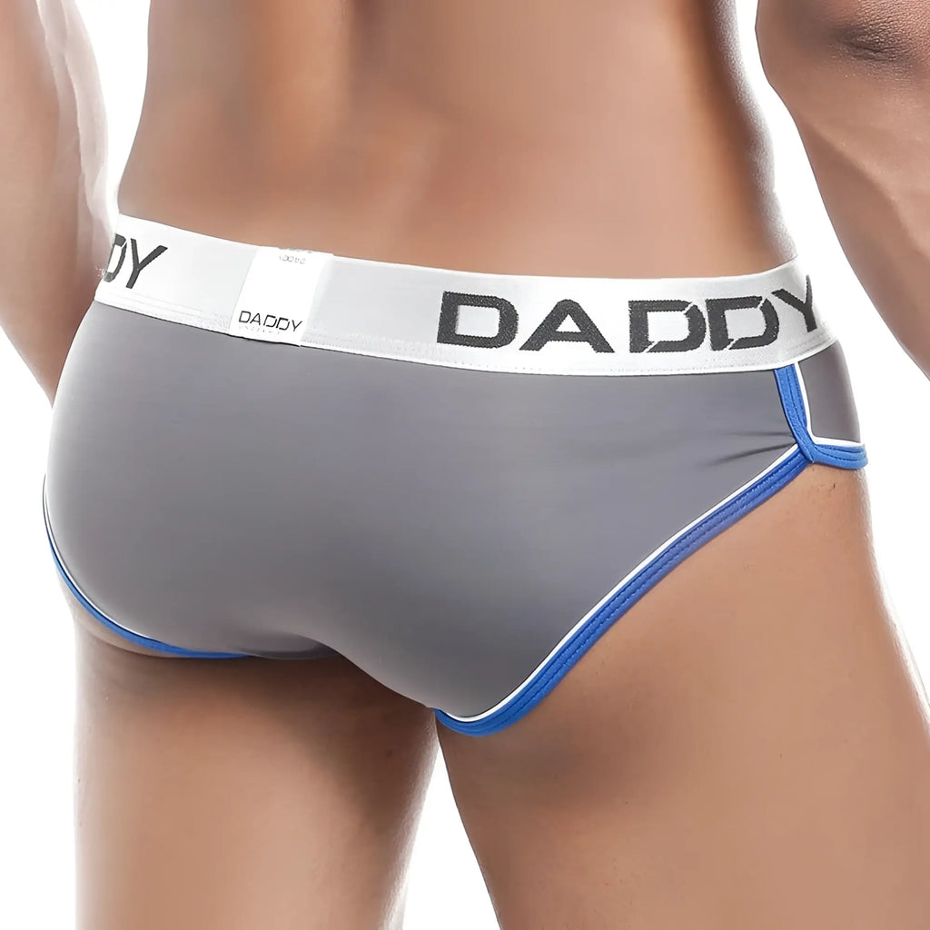 Gray daddy DDJ007 briefs with blue trim and white waistband featuring daddy logo in black for comfortable wear