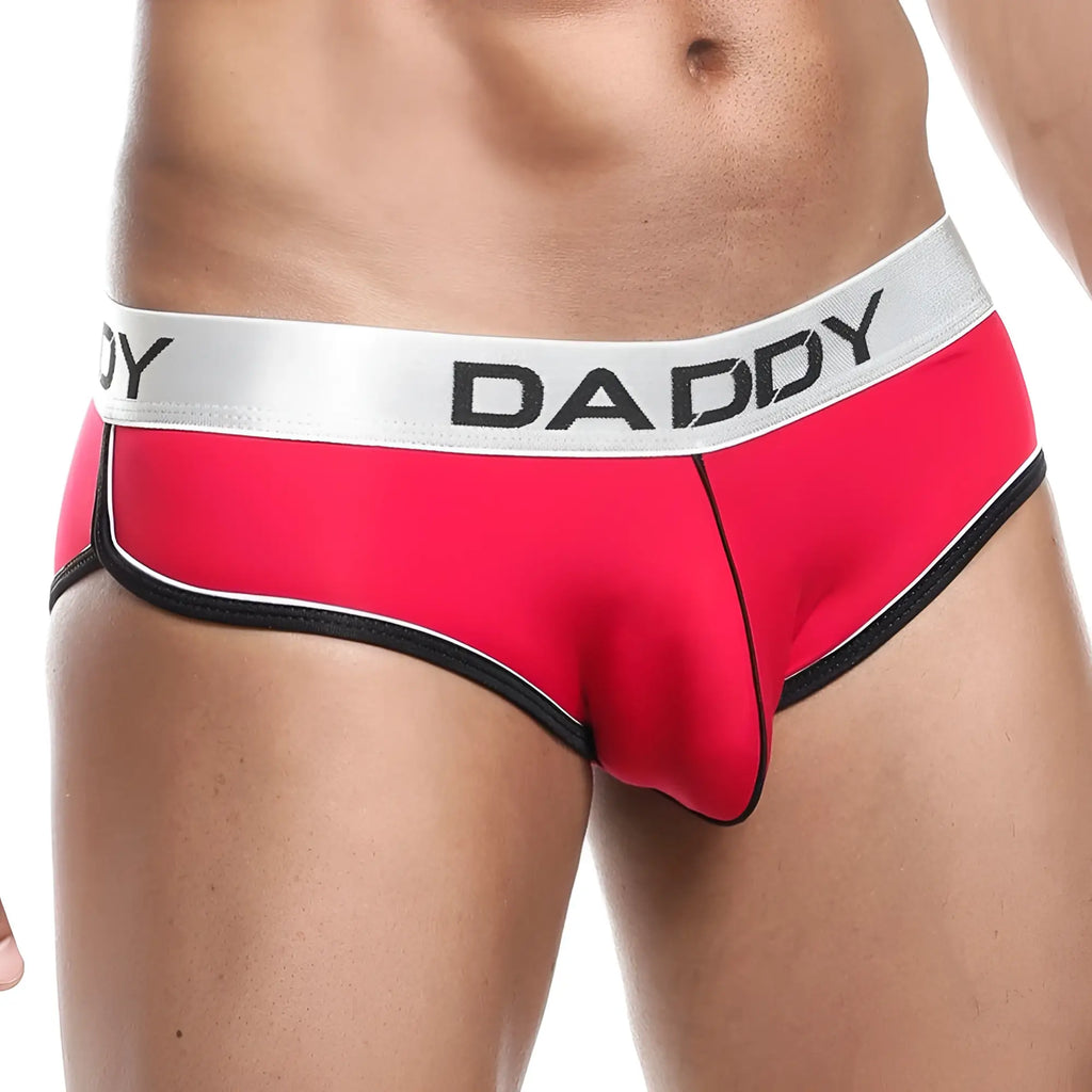 Red daddy brand briefs daddy ddj007 brief in red with silver waistband black lettering and black trim along edges