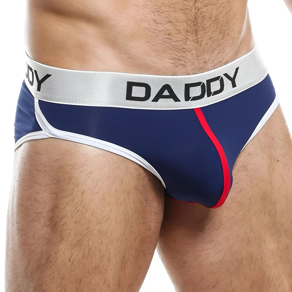 Navy blue daddy ddj008 briefs with white and red trim featuring a comfortable cotton blend fabric