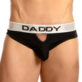Black daddy brand Daddy DDJ009 brief with a silver waistband, bold black lettering, and central cutout design