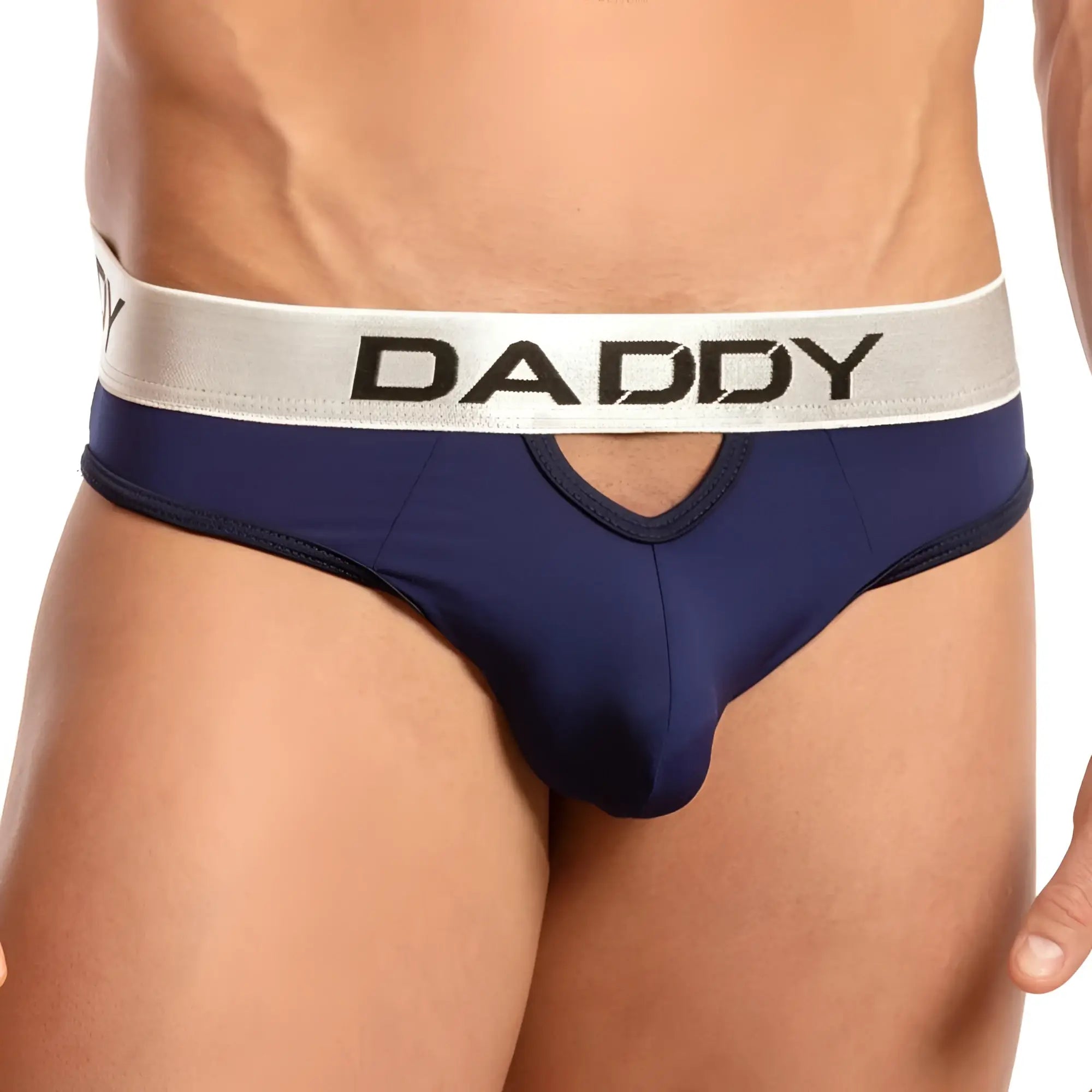 Navy blue daddy ddj009 briefs with silver waistband featuring black lettering in a comfortable cotton blend