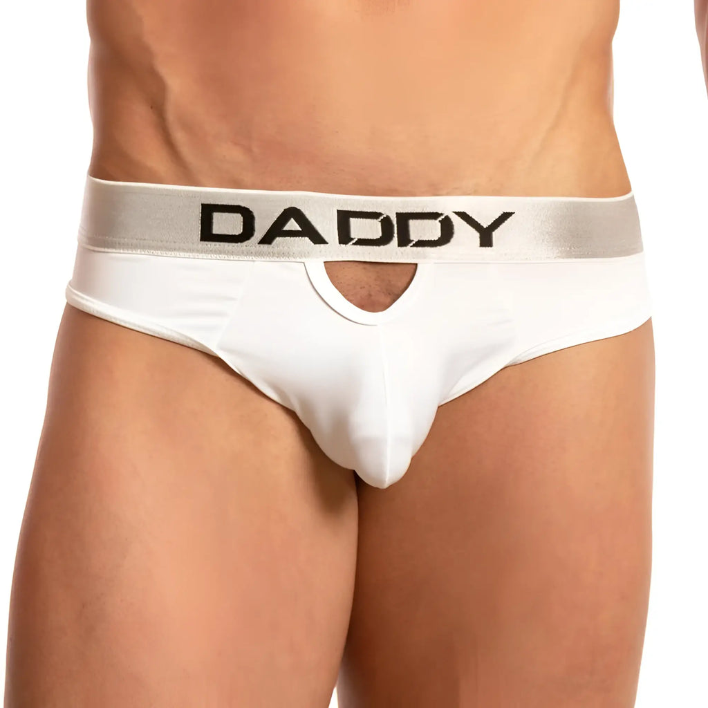 White men’s Daddy DDJ009 brief underwear with silver waistband and central cutout featuring black daddy lettering