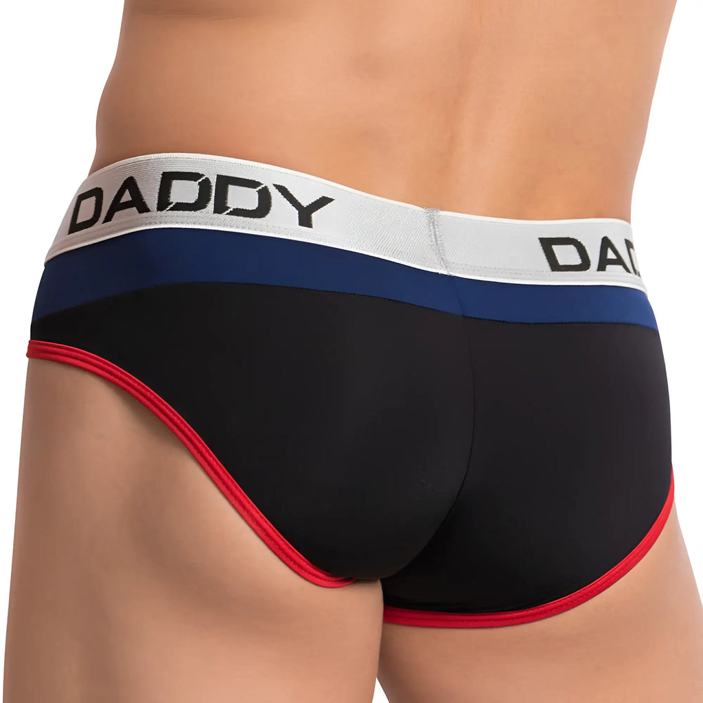 Black daddy brand briefs with red trim and blue gray daddy logo waistband in daddy DDJ013 brief design