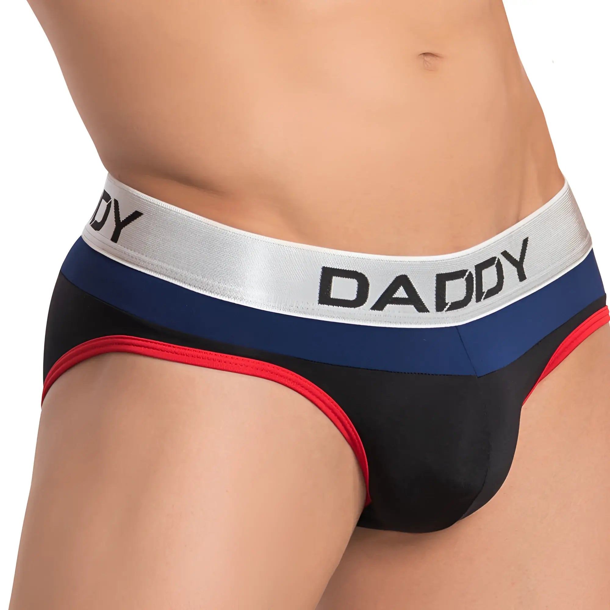 Black navy blue and red daddy ddj013 men’s briefs with silver waistband and bold daddy lettering