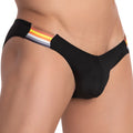 Black Daddy DDJ014 brief with colorful orange yellow white and gray striped waistband made from soft stretch fabric