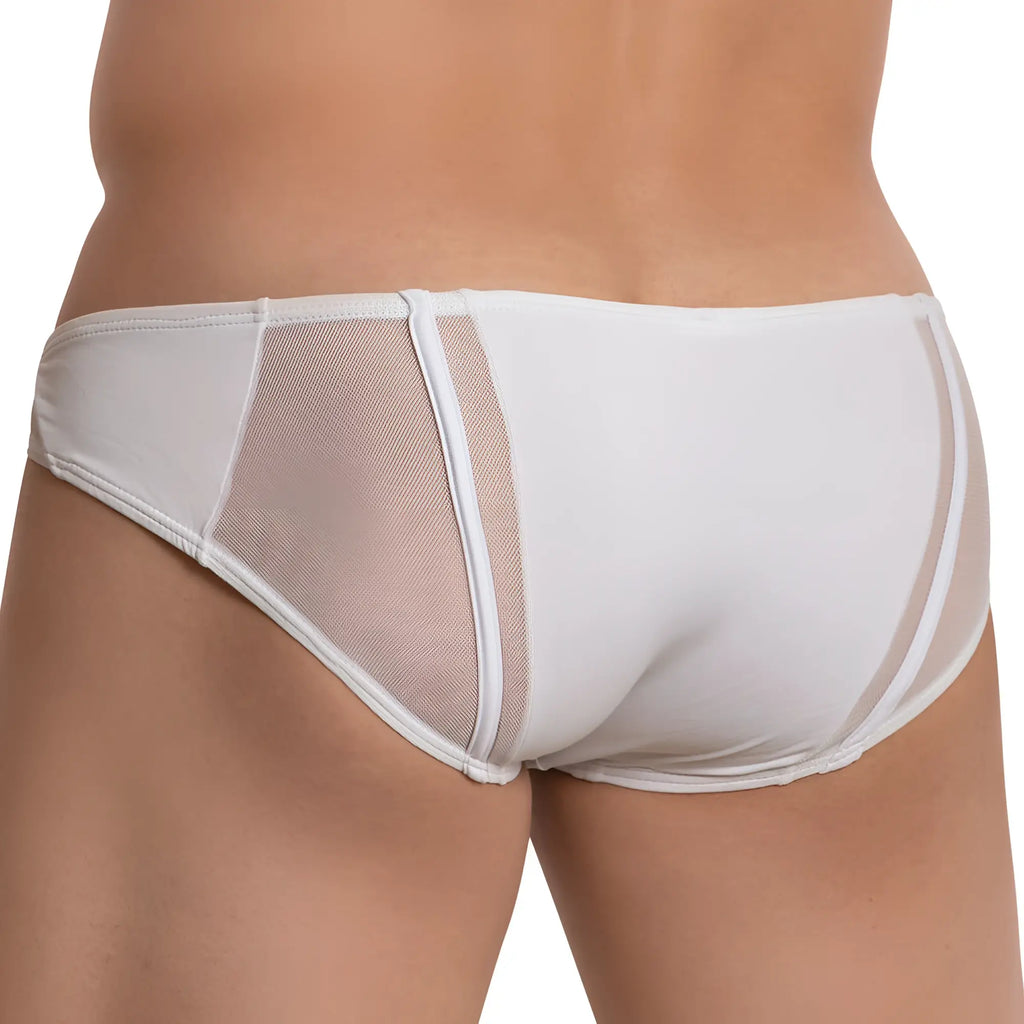 White daddyddj016 briefs with sleek form fitting design and sheer mesh panels on sides and back visible in image