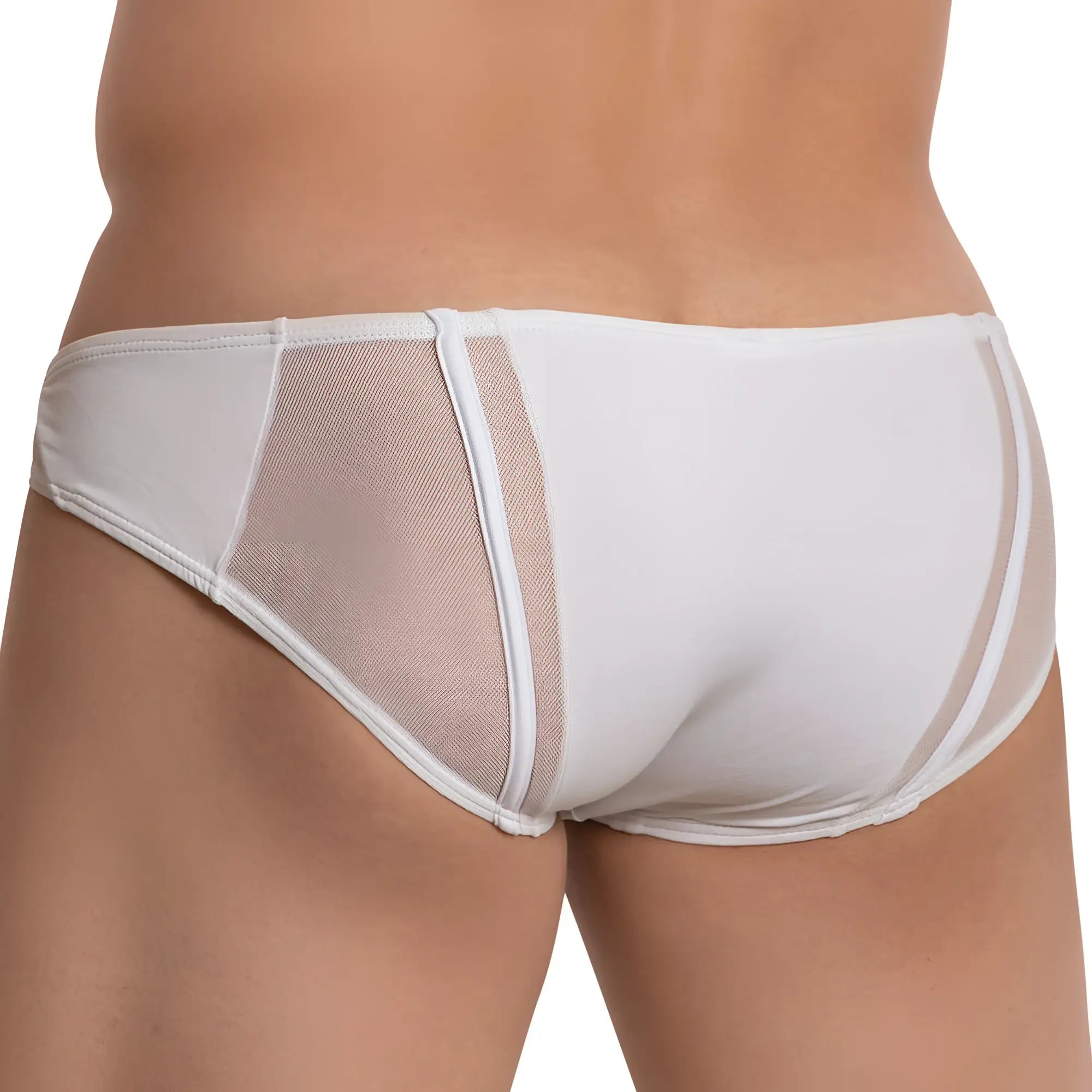 White daddyddj016 briefs with sleek form fitting design and sheer mesh panels on sides and back visible in image