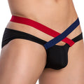 Black daddy ddj018 bikini brief with bold red and navy blue crisscross waistband and comfortable fabric