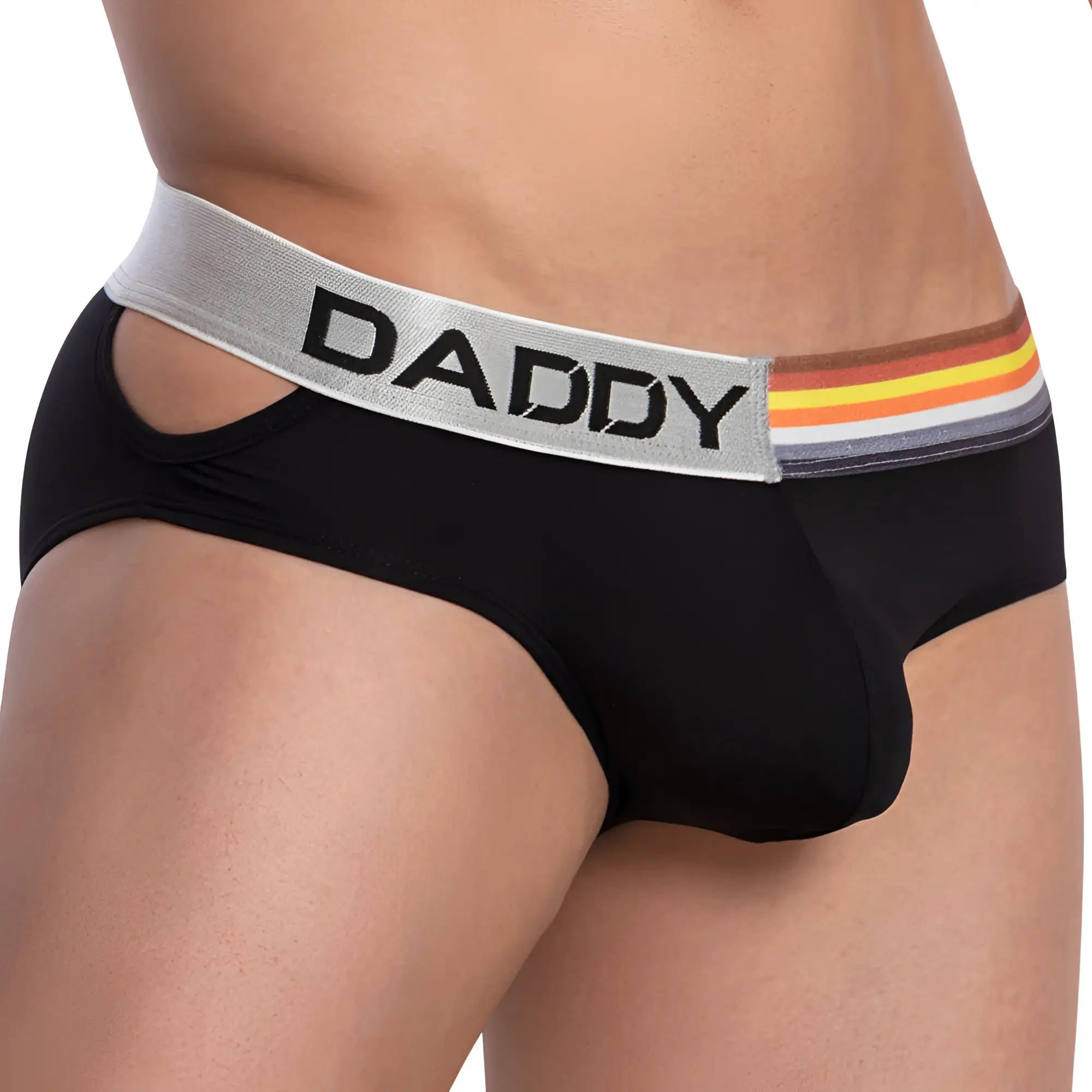 Black mens briefs daddy ddj019 with silver waistband and rainbow stripe pattern featuring bold black daddy text