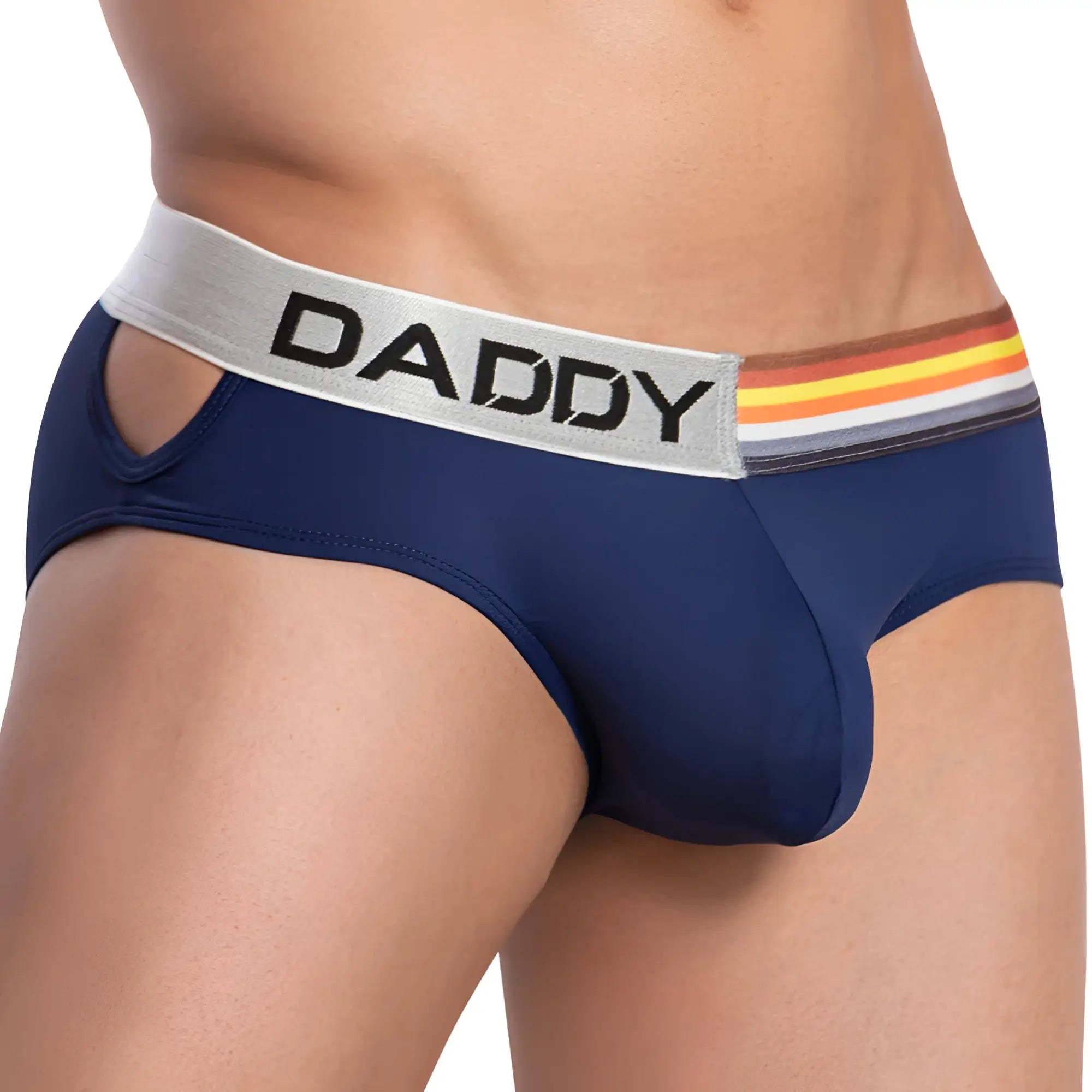 Navy blue daddy brand briefs with white waistband black lettering and rainbow stripe detail daddy ddj019 brief