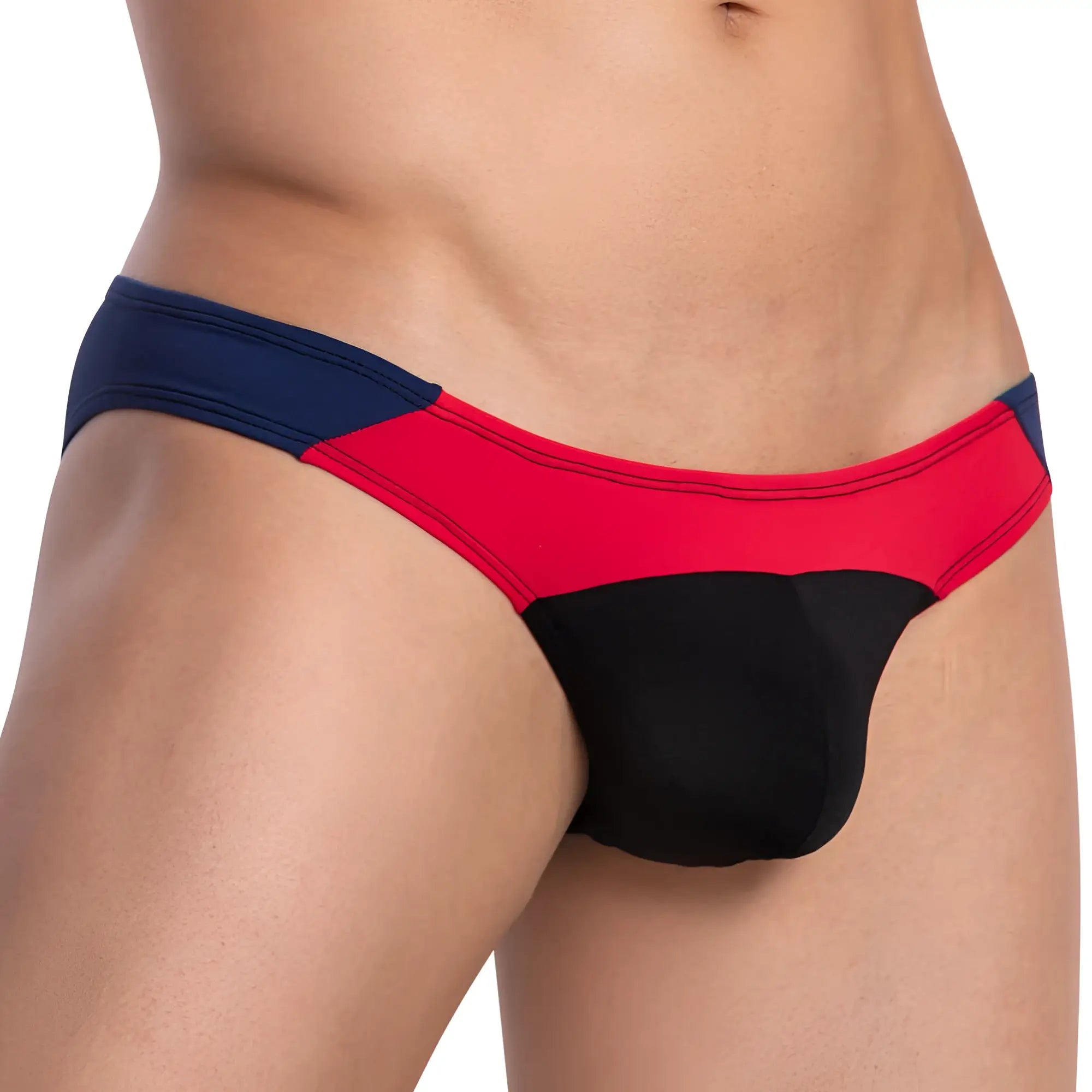Daddy DDJ021 bikini brief in red navy blue and black color block with snug fit men’s briefs design