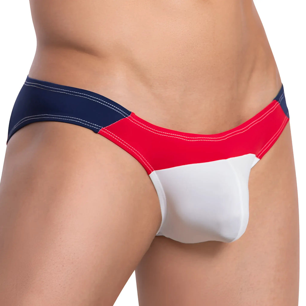 Daddy ddj021 bikini brief in red white and navy blue color-blocked fabric with contrasting stitching