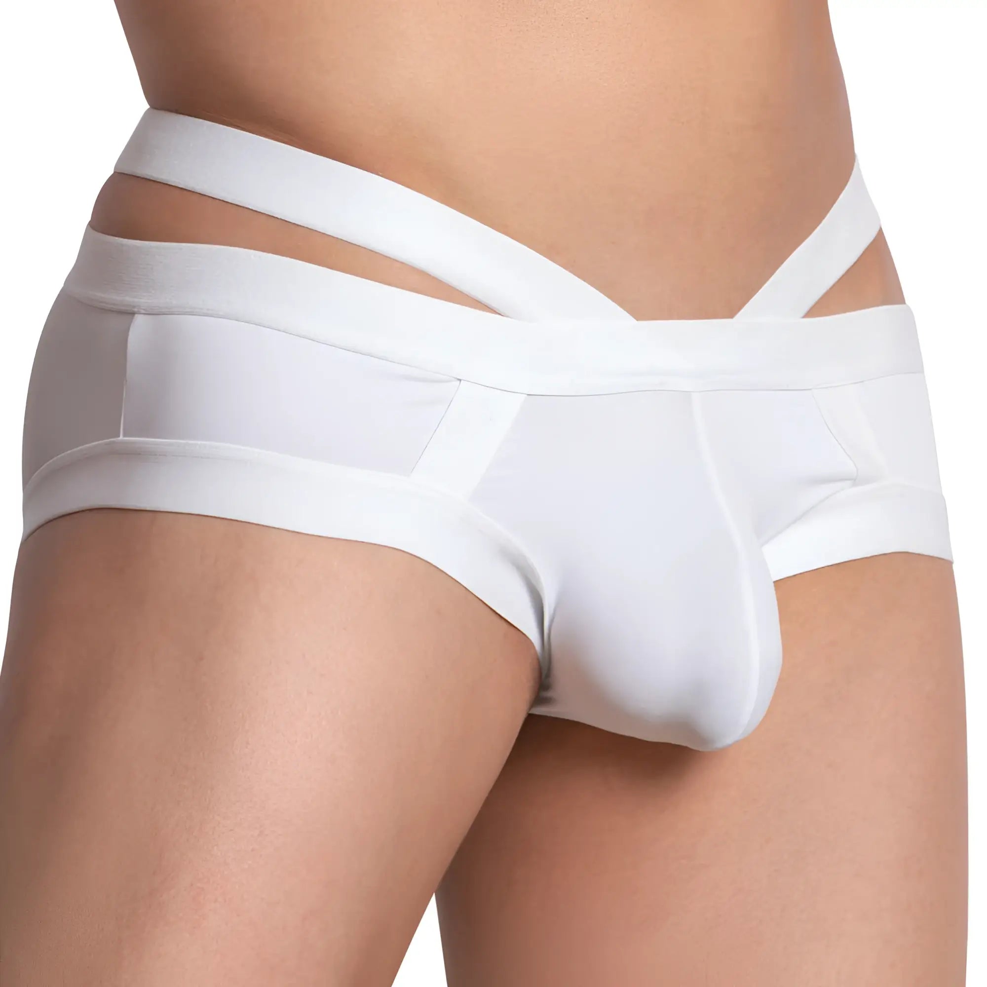 White form-fitting men’s brief Daddy DDJ022 with a distinctive crisscross design on waistband and front