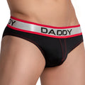 Black daddy brand briefs daddy ddj023 with a red and silver waistband featuring bold black lettering
