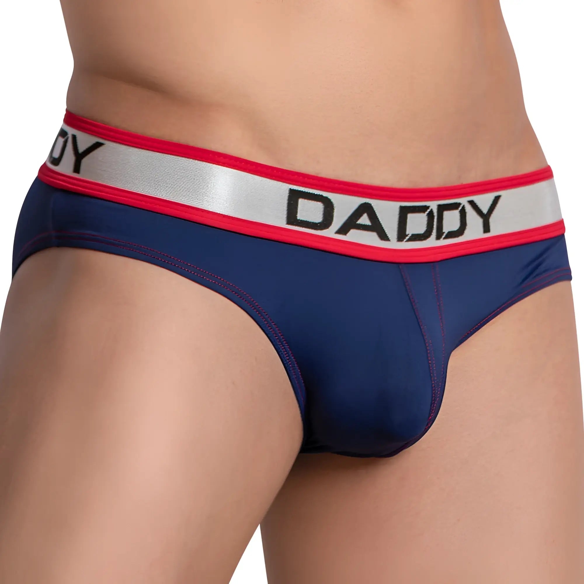 Navy blue daddy ddj023 brief with red and silver waistband featuring black daddy lettering on front side