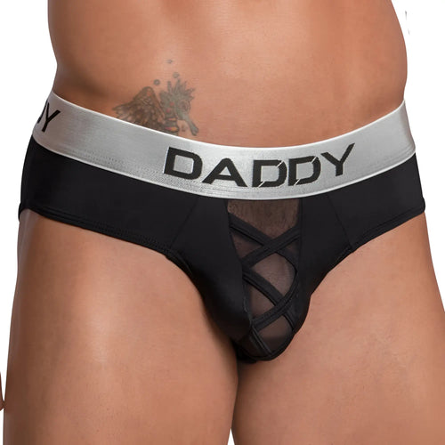 Black daddy brand men’s underwear daddy ddj025 brief with silver waistband and sheer mesh crisscross detailing