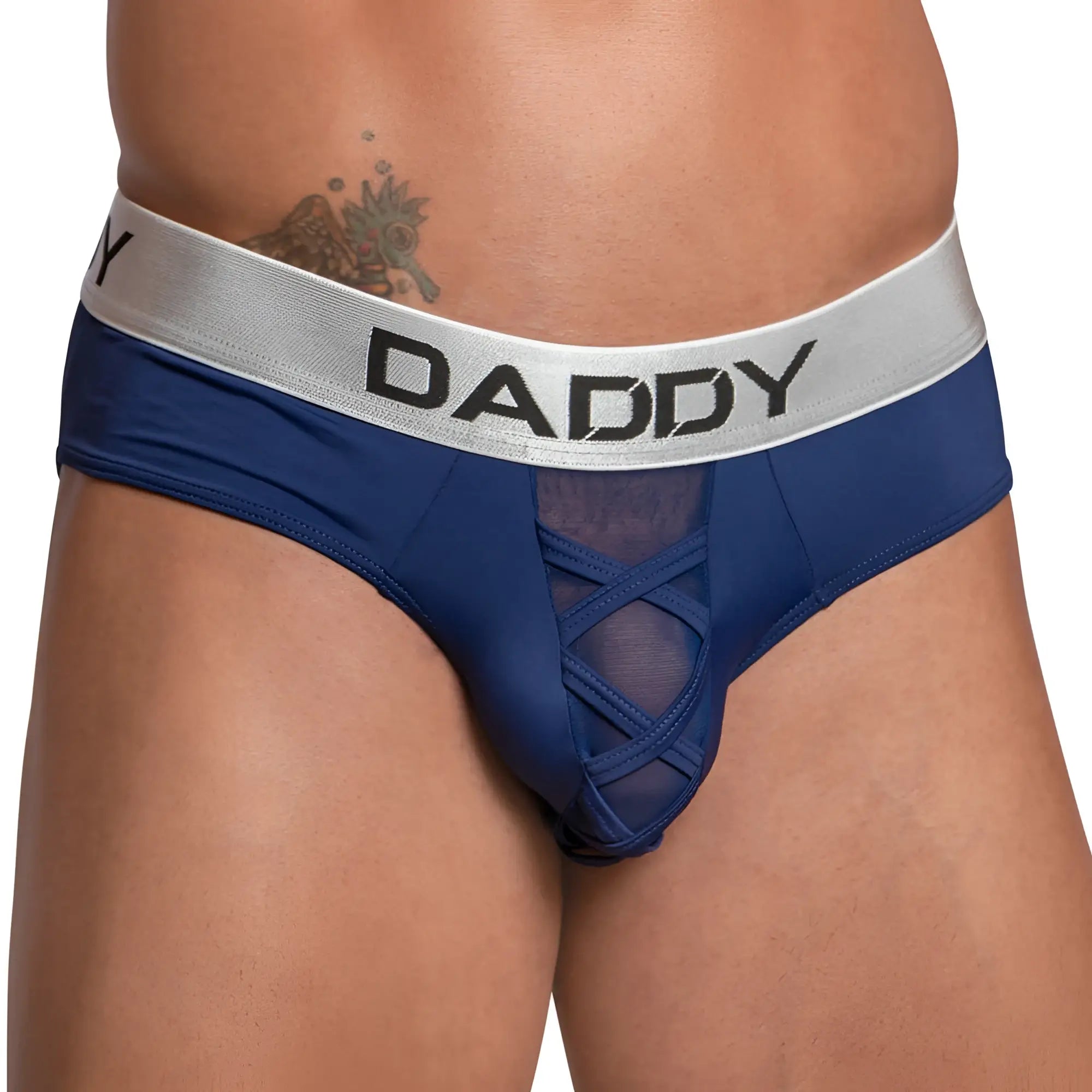 Blue daddy dDJ025 brief men’s underwear in blue mesh with silver waistband and lace-up front detail